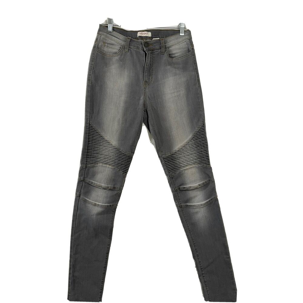 VIBRANT MIU Gray Fitted Jeans Denim Sz 9 W28 SKINNY Leg Knee Details Stretch